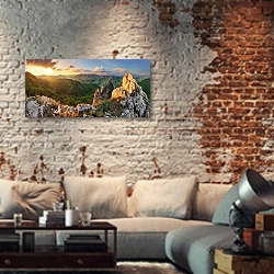 «Горные вершины на закате» в интерьере гостиной в стиле лофт с кирпичными стенами