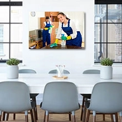 «Две девушки убираются в доме» в интерьере офиса над столом для конференций