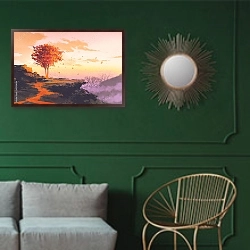 «Осеннее дерево на вершине горы» в интерьере классической гостиной с зеленой стеной над диваном
