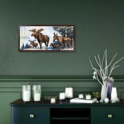 «Moose Family» в интерьере прихожей в зеленых тонах над комодом