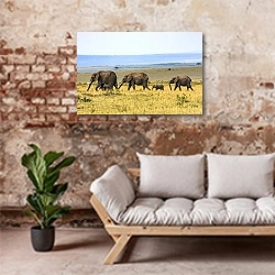 «Семейство слонов на прогулке» в интерьере гостиной в стиле лофт над диваном