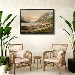 «Норвегия. Живописный вид гор» в интерьере комнаты в стиле ретро с плетеными креслами