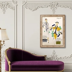 «Sketches and fabric swatches, from 'L'oficiel de la couleur des industries de la mode' 5» в интерьере в классическом стиле над банкеткой