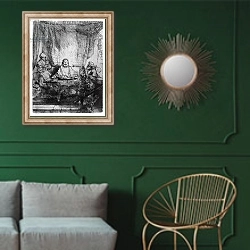 «Supper at Emmaus, 1654 2» в интерьере классической гостиной с зеленой стеной над диваном