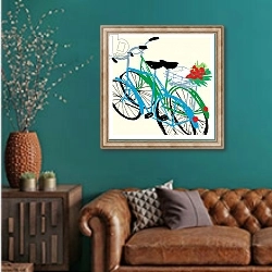 «Bike Lovers» в интерьере гостиной с зеленой стеной над диваном