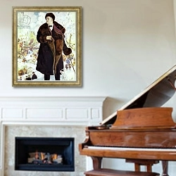 «Portrait of Fyodor Chaliapin» в интерьере классической гостиной с зеленой стеной над диваном
