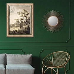 «Emilias Kilde, 1797» в интерьере классической гостиной с зеленой стеной над диваном