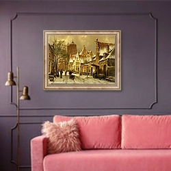 «A Winter Street Scene» в интерьере гостиной с розовым диваном