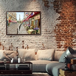 «Уличное кафе в Париже, скетч 4» в интерьере гостиной в стиле лофт с кирпичной стеной
