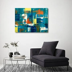 «Синяя абстракция с цветными квадратами» в интерьере в стиле минимализм над креслом