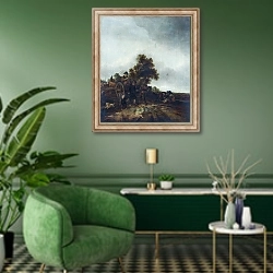 «Пейзаж с крестьянами и телегой» в интерьере гостиной в зеленых тонах