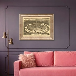 «Вид на овальный бассейн» в интерьере гостиной с розовым диваном