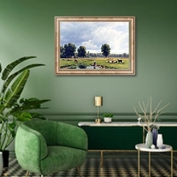 «Голландский пейзаж со скотом» в интерьере гостиной в зеленых тонах