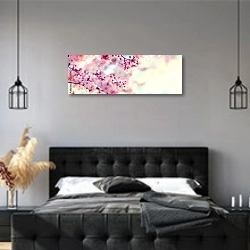 «Розовые ветви цветущего дерева» в интерьере современной спальни с черной кроватью