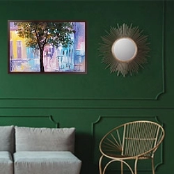 «Дождливый день» в интерьере классической гостиной с зеленой стеной над диваном