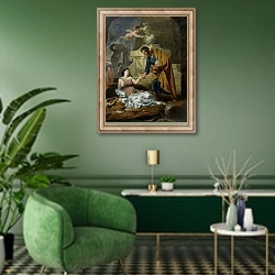 «Allegory of the Arts and Patronage or, Emperor Augustus Supporting the Arts, 1660-69» в интерьере гостиной в зеленых тонах