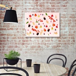 «Разбросанные ягоды на розовом фоне» в интерьере современной кухни с кирпичной стеной