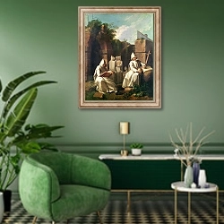 «Carthusian Monks in Meditation» в интерьере гостиной в зеленых тонах