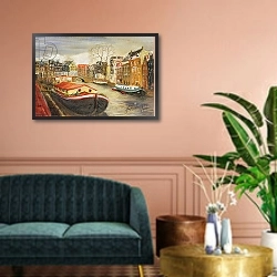 «Red House Boat, Amsterdam, 1999» в интерьере классической гостиной над диваном