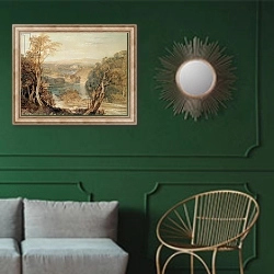 «The River Wharfe with a distant view of Barden Tower» в интерьере классической гостиной с зеленой стеной над диваном