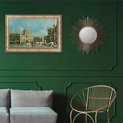 «The Torre dell’Orologio in Piazza San Marco» в интерьере классической гостиной с зеленой стеной над диваном