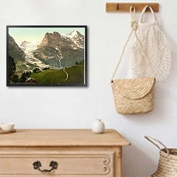 «Швейцария. Гриндельвальд, церковь и гора Эйгер» в интерьере в стиле ретро над комодом