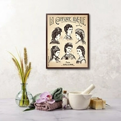 «Винтажный парикмахерский плакат с 6 прическами и антикварными шляпами» в интерьере салона красоты