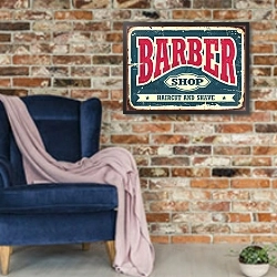 «Барбершоп, винтажная вывеска парикмахерской» в интерьере в стиле лофт с кирпичной стеной и синим креслом