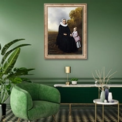 «Портрет сидящей женщины и девочки» в интерьере гостиной в зеленых тонах