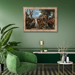 «Нахождение золотого руна» в интерьере гостиной в зеленых тонах