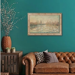 «Плывущий по реке лед» в интерьере гостиной с зеленой стеной над диваном