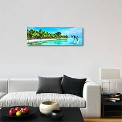 «Дельфины у тропических берегов » в интерьере минималистичной гостиной над диваном