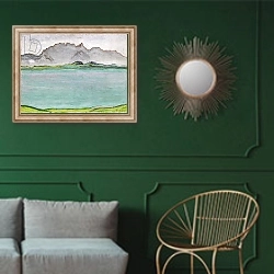 «The Stockhorn Mountains and Lake Thun, 1911» в интерьере классической гостиной с зеленой стеной над диваном