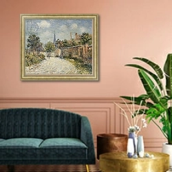 «The Village Street; La Rue de Village,» в интерьере классической гостиной над диваном