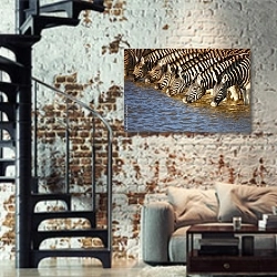 «Зебры на водопое » в интерьере двухярусной гостиной в стиле лофт с кирпичной стеной