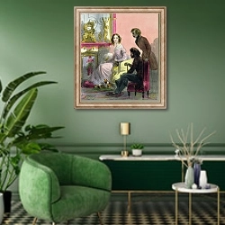 «The Duchess, plate 13 from 'Les Femmes de Paris', 1841-42» в интерьере гостиной в зеленых тонах