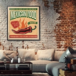 «Мексиканская еда, ретро постер» в интерьере гостиной в стиле лофт с кирпичной стеной