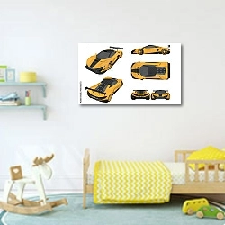 «Желтый спортивный автомобиль с разных ракурсов» в интерьере детской комнаты для мальчика с игрушками