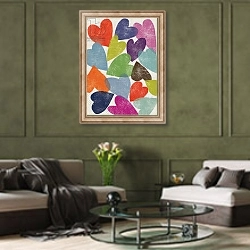 «Printed Hearts» в интерьере гостиной в оливковых тонах