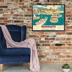 «A Southern Railway poster advertising Ramsgate, 1939» в интерьере в стиле лофт с кирпичной стеной и синим креслом