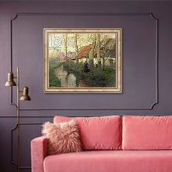 «A French river landscape with a woman by cottages» в интерьере гостиной с розовым диваном