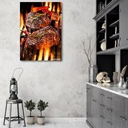 «Два стейка из говядины на гриле» в интерьере современной кухни в серых тонах