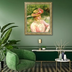 «The Straw Hat, 1895» в интерьере гостиной в зеленых тонах