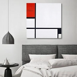 «Composition No. I, with Red and Black, 1929» в интерьере спальне в стиле минимализм над кроватью
