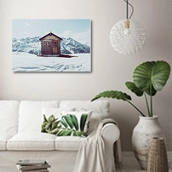 «Деревянный домик в горах» в интерьере светлой гостиной в скандинавском стиле над диваном