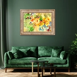 «Golden Hibiscus» в интерьере зеленой гостиной над диваном