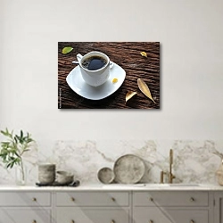 «Чашка кофе на деревянном столе с опавшими листьями» в интерьере кухни в серых тонах