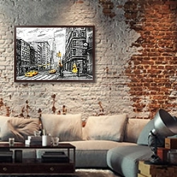 «Улица Нью-Йорка в серых и желтых тонах» в интерьере гостиной в стиле лофт с кирпичной стеной