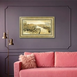 «Фонтанка у Чернышева моста, Санкт-Петербург» в интерьере гостиной с розовым диваном
