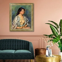 «Габриэль в расстегнутой блузе» в интерьере классической гостиной над диваном
